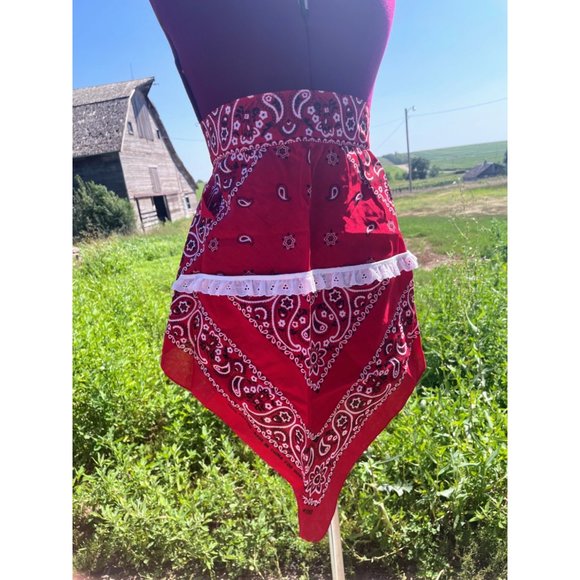 Vintage Red Bandanna Half Apron Western Farmhouse - Picture 11 of 12